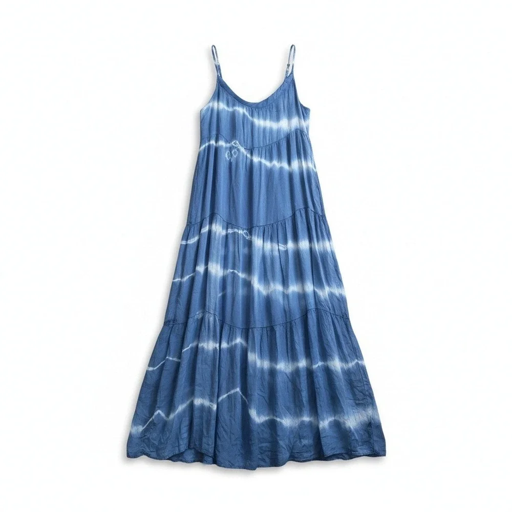 Elena Baldi Maxi Dress XS Blue Tie Dye Silk Blend Tiered Boho Coastal‎